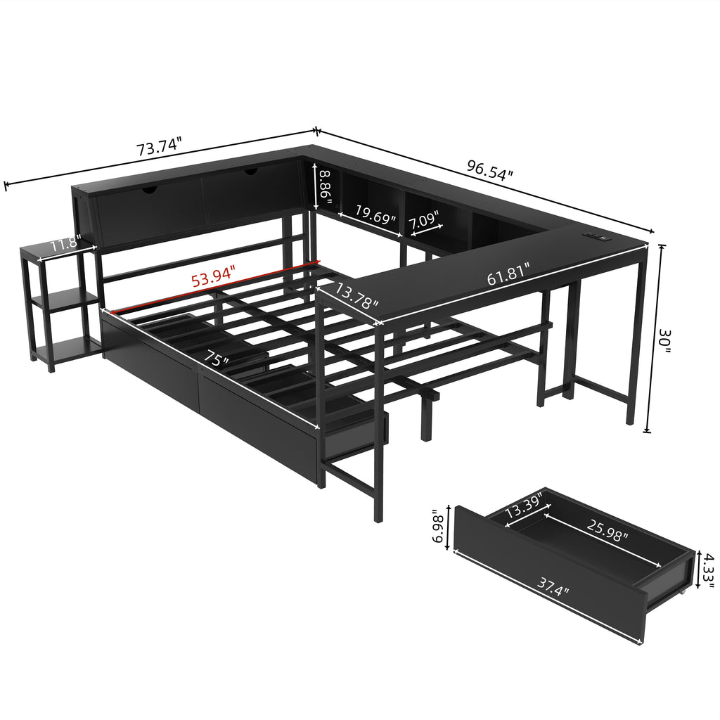 Full Size Corner Bed Frame with Bookcase & 2 Underbed Storage Drawers, Modern Bed with LED Light and Charging Station, Left and Right Interchangeable,Black