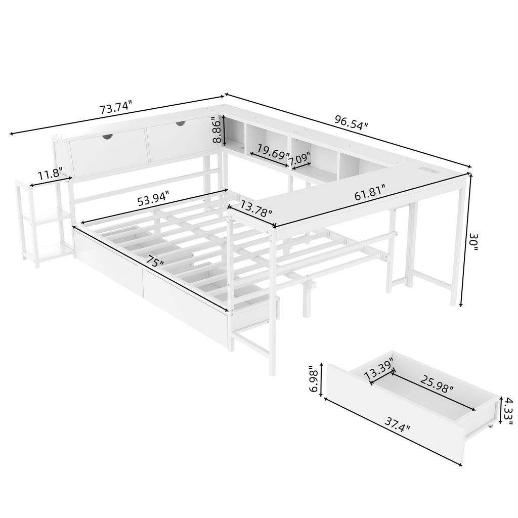 Full Size Corner Bed Frame with Bookcase & 2 Underbed Storage Drawers, Modern Bed with LED Light and Charging Station, Left and Right Interchangeable,White