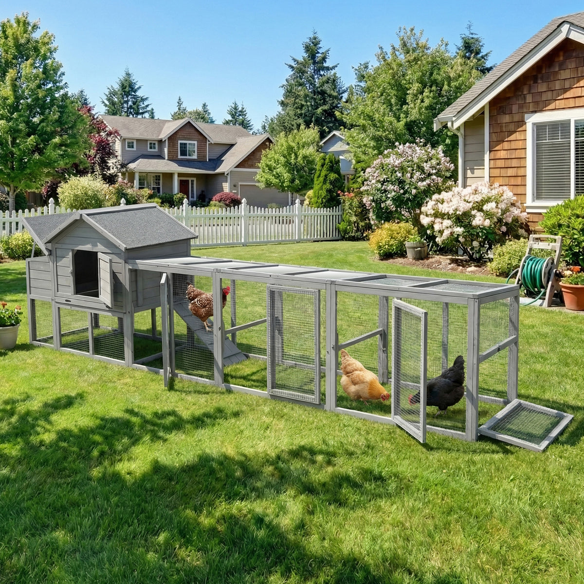 141＂Gray Large Wooden Chicken Coop,Outdoor Hen House with Nesting Box,Waterproof & Anti-UV Panel,Wire Fence, Poultry Cage