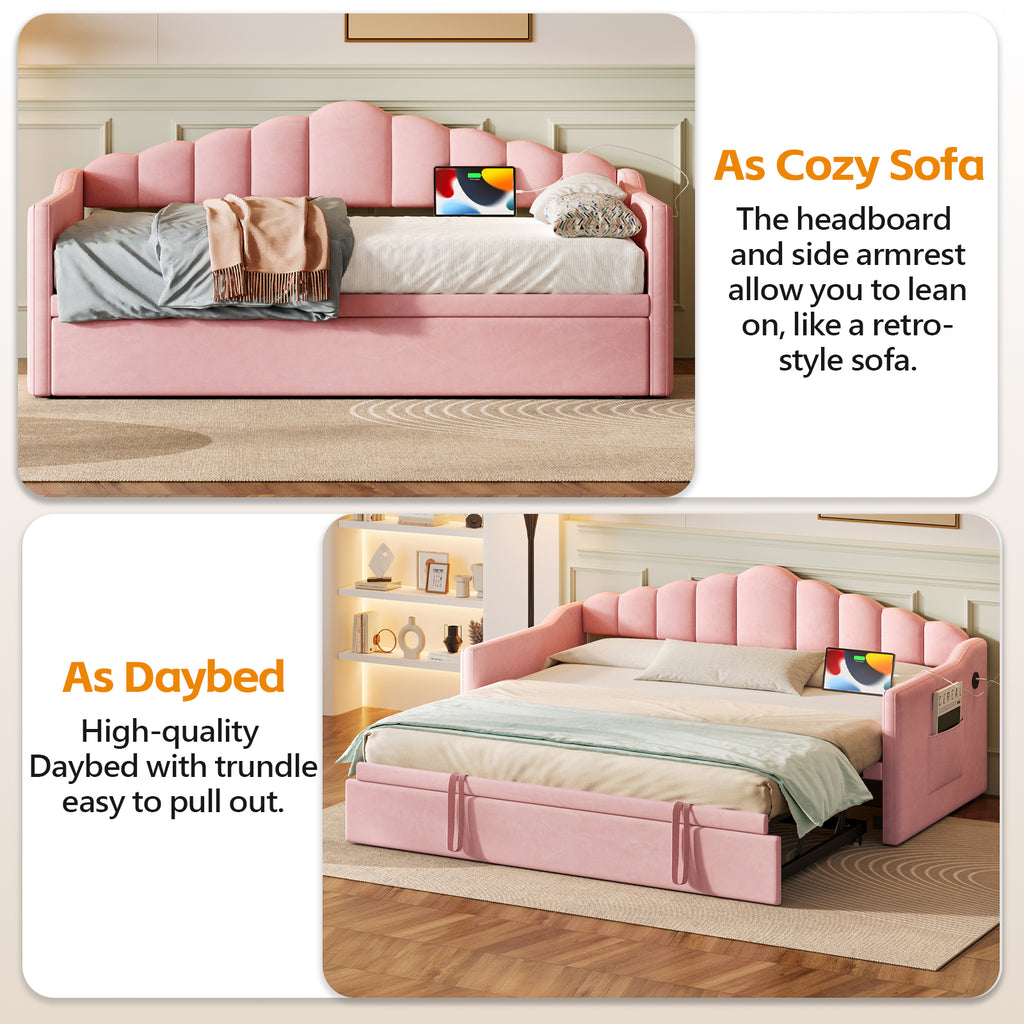 Upholstered Twin Size Daybed Bed with Charging Station & 2 Side Pockets,Velvet Daybed Frame with Adjustable Height Pop Up Trundle for Guest Room, Home Office,Pink