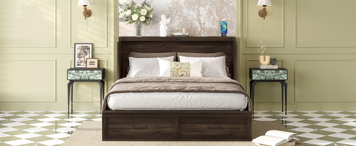 Queen Size Farmhouse Murphy Cabinet Bed with Charging Station, Foldable Platform Bed with Large Storage Drawer for Guest-Room, Small Bedroom, Rustic Gray