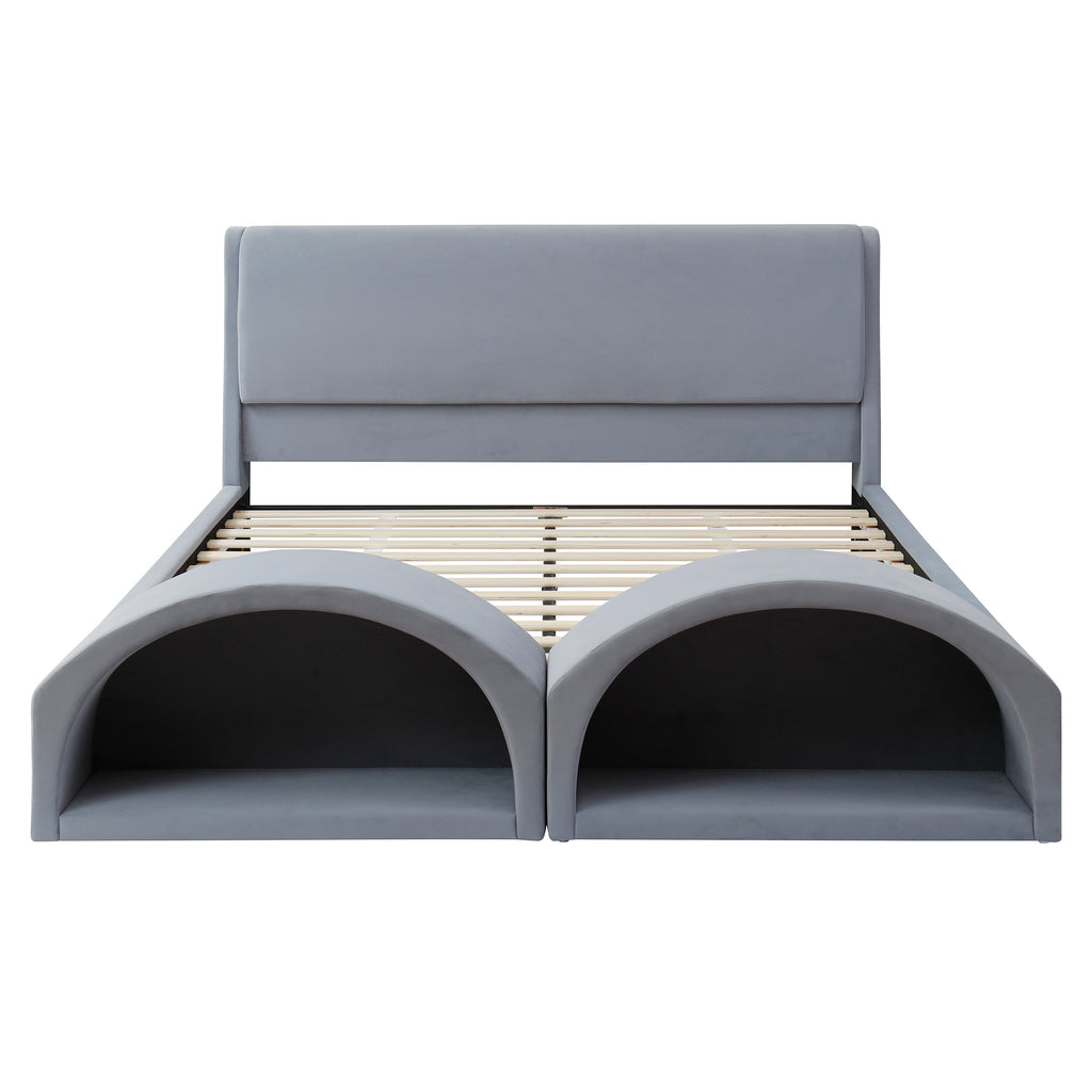 Queen Size Upholstered Platform Bed Frame with Dual Cat Caves, LED Lighted Pet Nests at Footboard, Gray