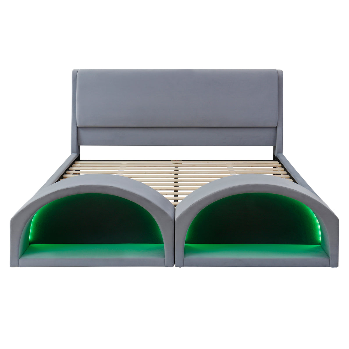 Queen Size Upholstered Platform Bed Frame with Dual Cat Caves, LED Lighted Pet Nests at Footboard, Gray