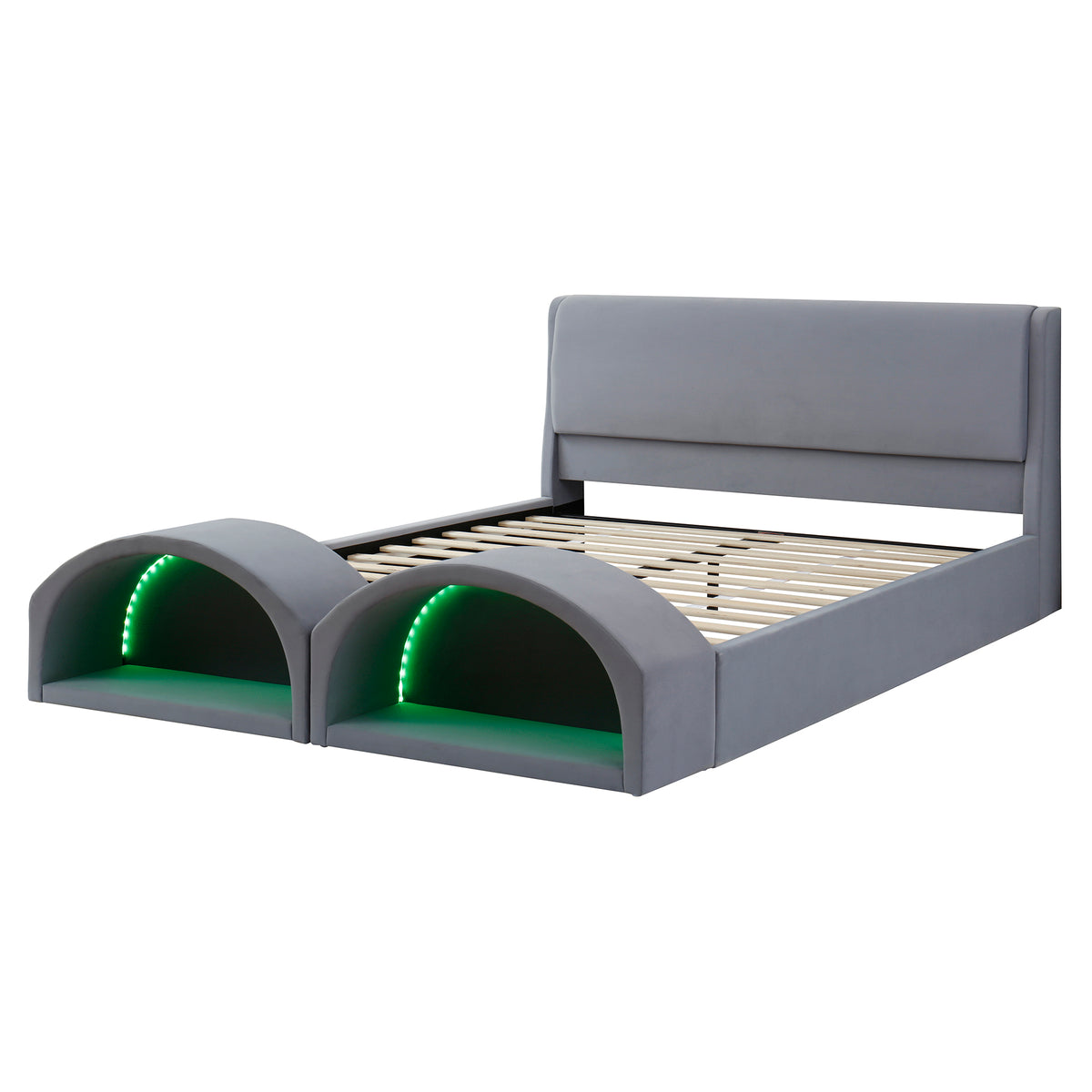 Queen Size Upholstered Platform Bed Frame with Dual Cat Caves, LED Lighted Pet Nests at Footboard, Gray