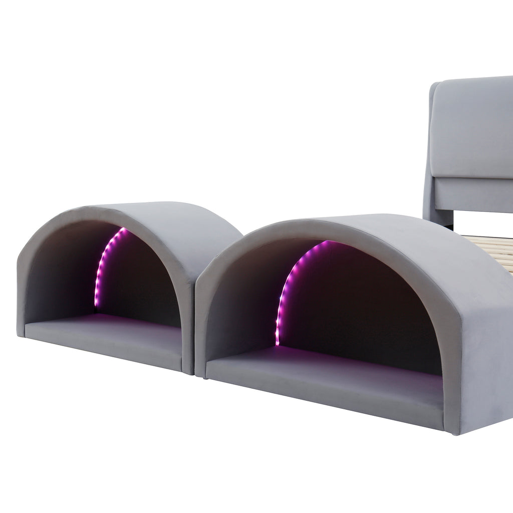 Queen Size Upholstered Platform Bed Frame with Dual Cat Caves, LED Lighted Pet Nests at Footboard, Gray