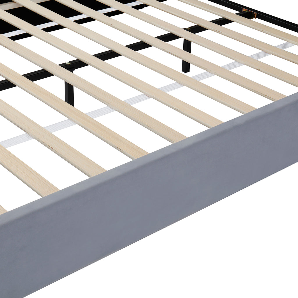 Queen Size Upholstered Platform Bed Frame with Dual Cat Caves, LED Lighted Pet Nests at Footboard, Gray