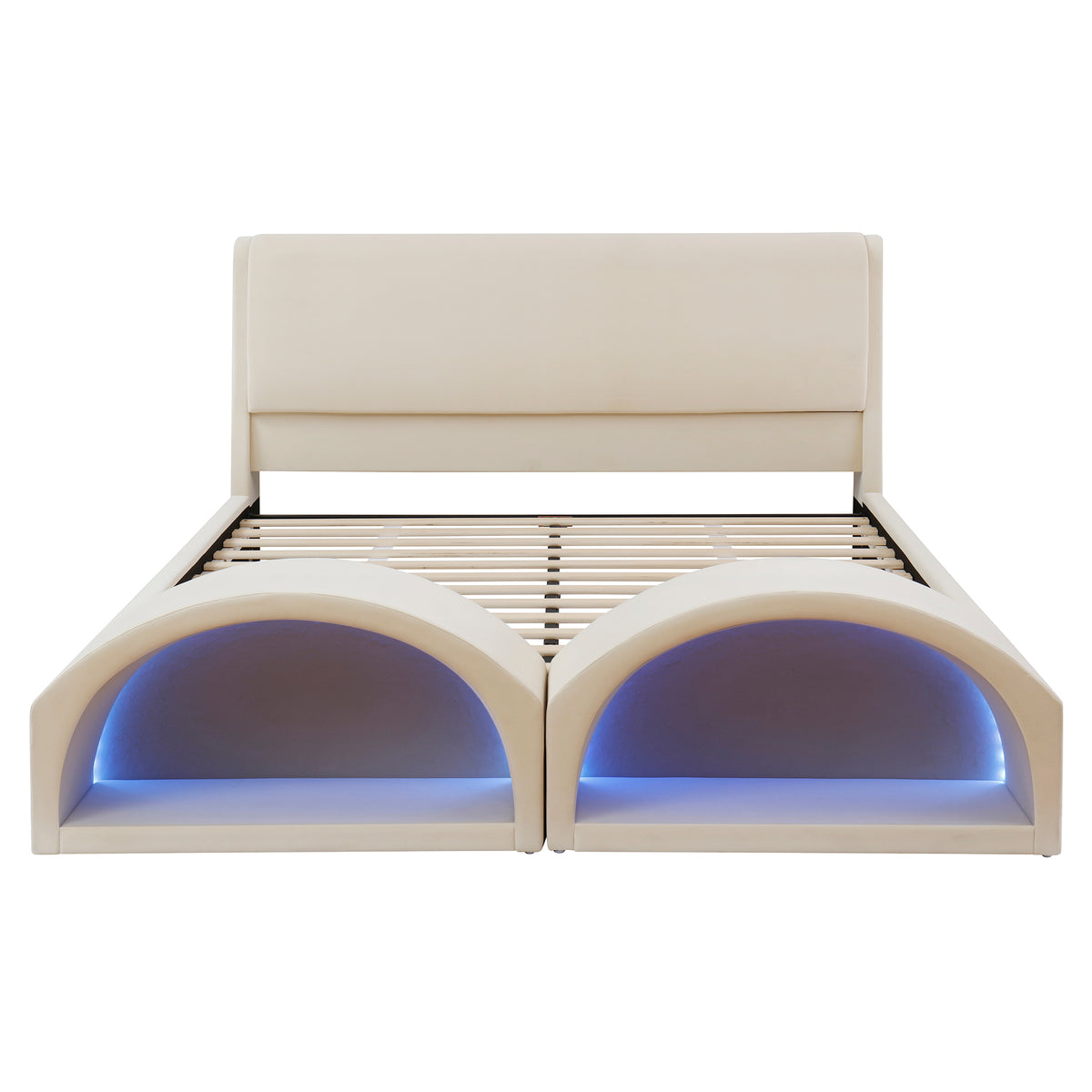 Queen Size Upholstered Platform Bed Frame with Dual Cat Caves, LED Lighted Pet Nests at Footboard, Beige