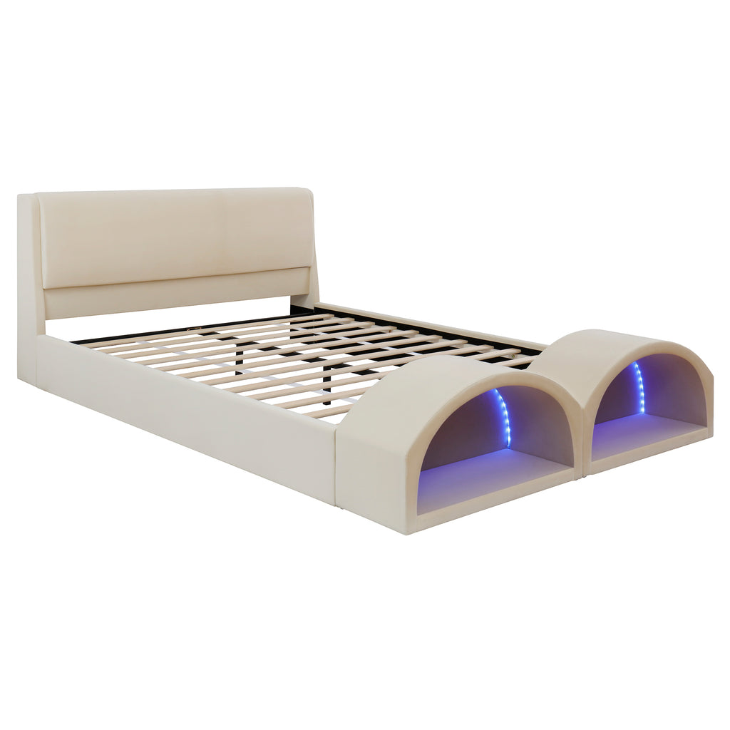 Queen Size Upholstered Platform Bed Frame with Dual Cat Caves, LED Lighted Pet Nests at Footboard, Beige