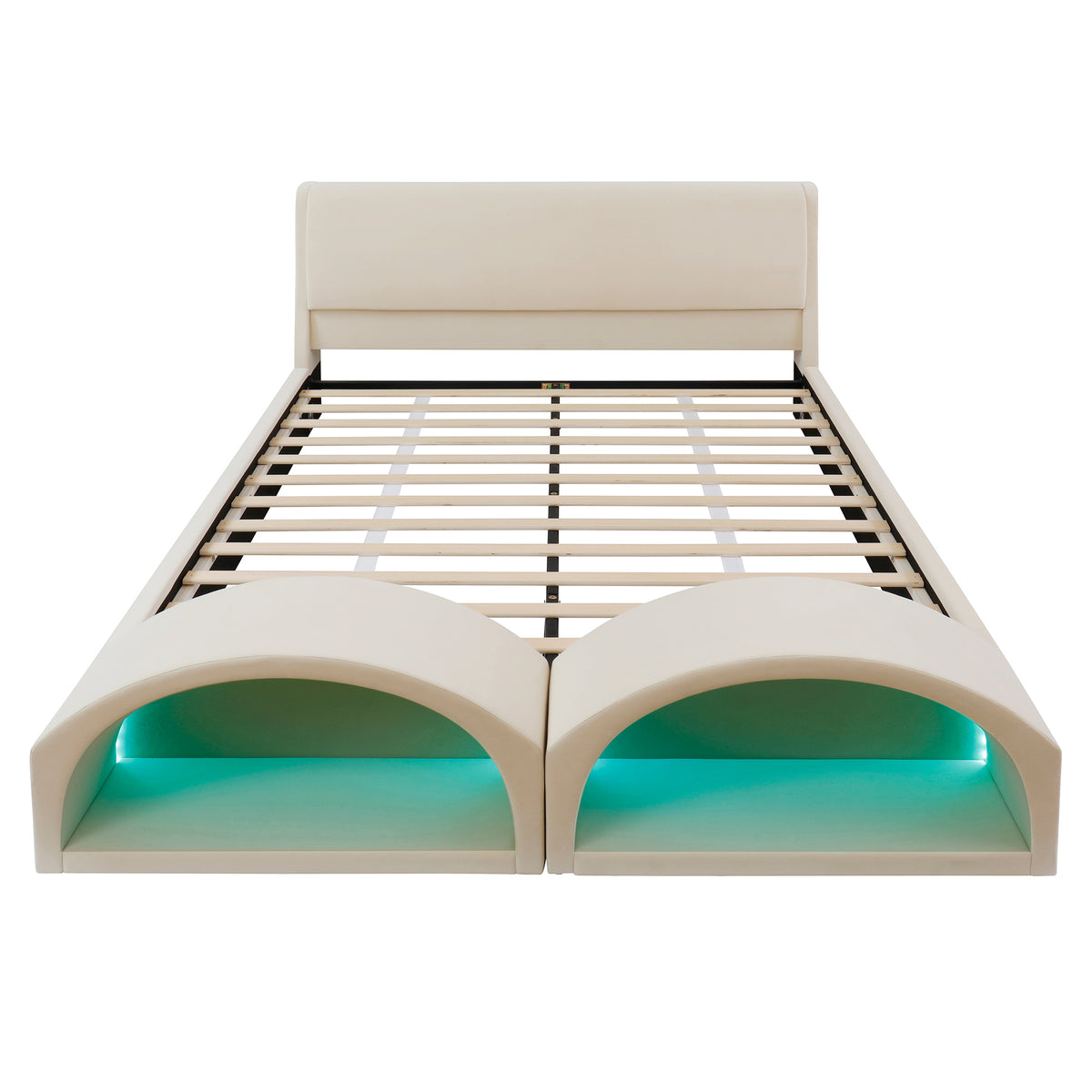 Queen Size Upholstered Platform Bed Frame with Dual Cat Caves, LED Lighted Pet Nests at Footboard, Beige