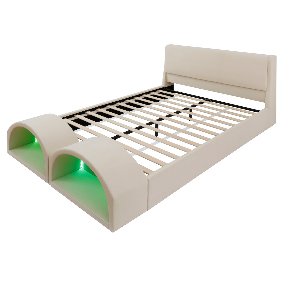 Queen Size Upholstered Platform Bed Frame with Dual Cat Caves, LED Lighted Pet Nests at Footboard, Beige