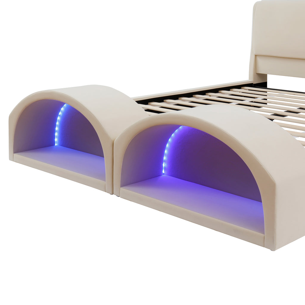 Queen Size Upholstered Platform Bed Frame with Dual Cat Caves, LED Lighted Pet Nests at Footboard, Beige