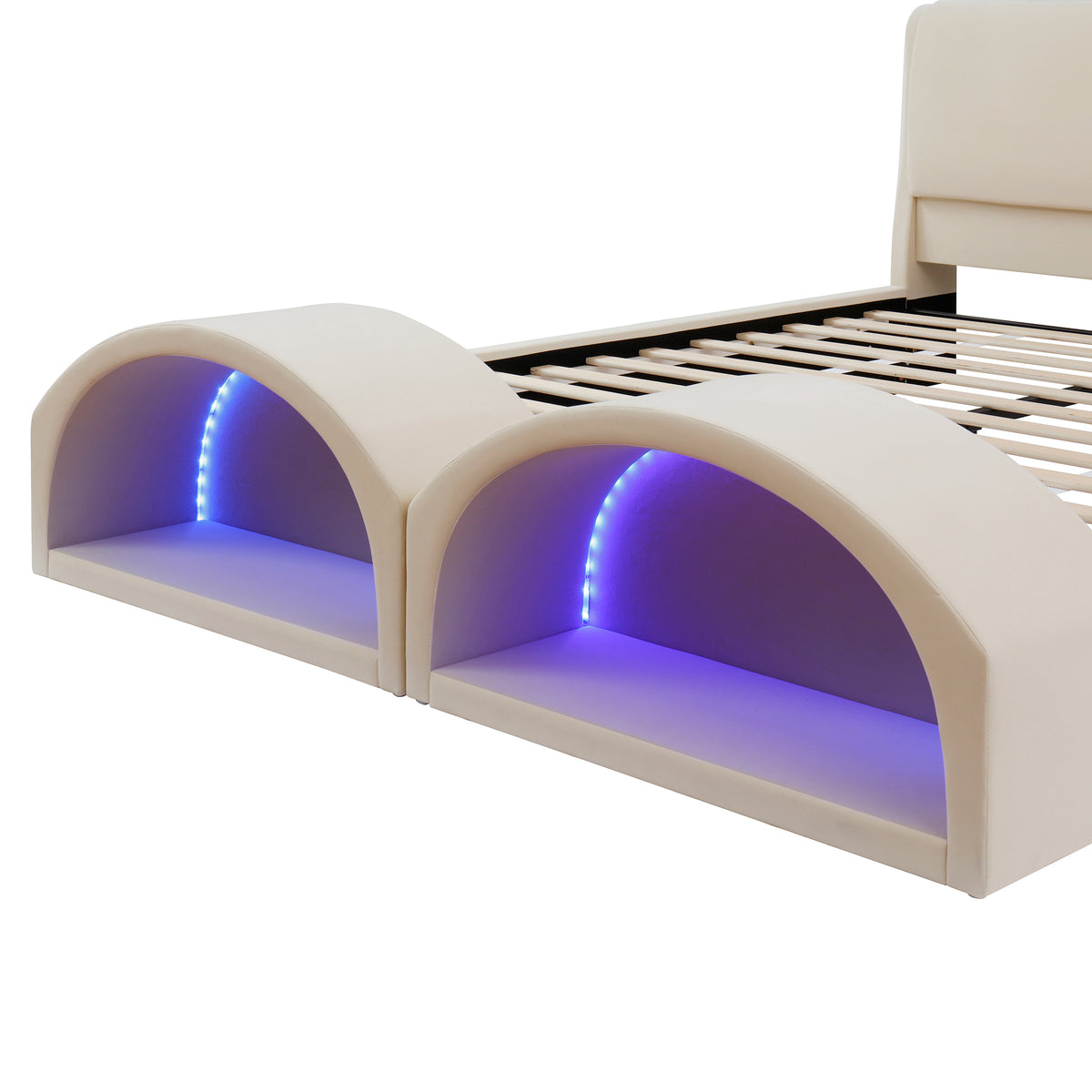 Queen Size Upholstered Platform Bed Frame with Dual Cat Caves, LED Lighted Pet Nests at Footboard, Beige