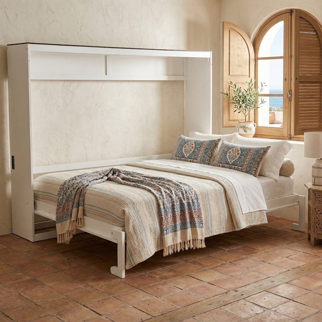 Queen Size Murphy Bed with USB ,Folding Storage Wall Bed Furniture for Bedroom,Office,Guest Room, White