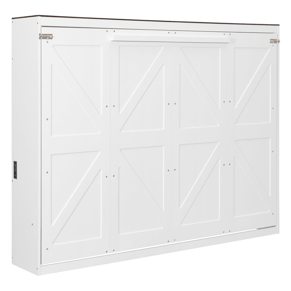 Queen Size Murphy Bed with USB ,Folding Storage Wall Bed Furniture for Bedroom,Office,Guest Room, White