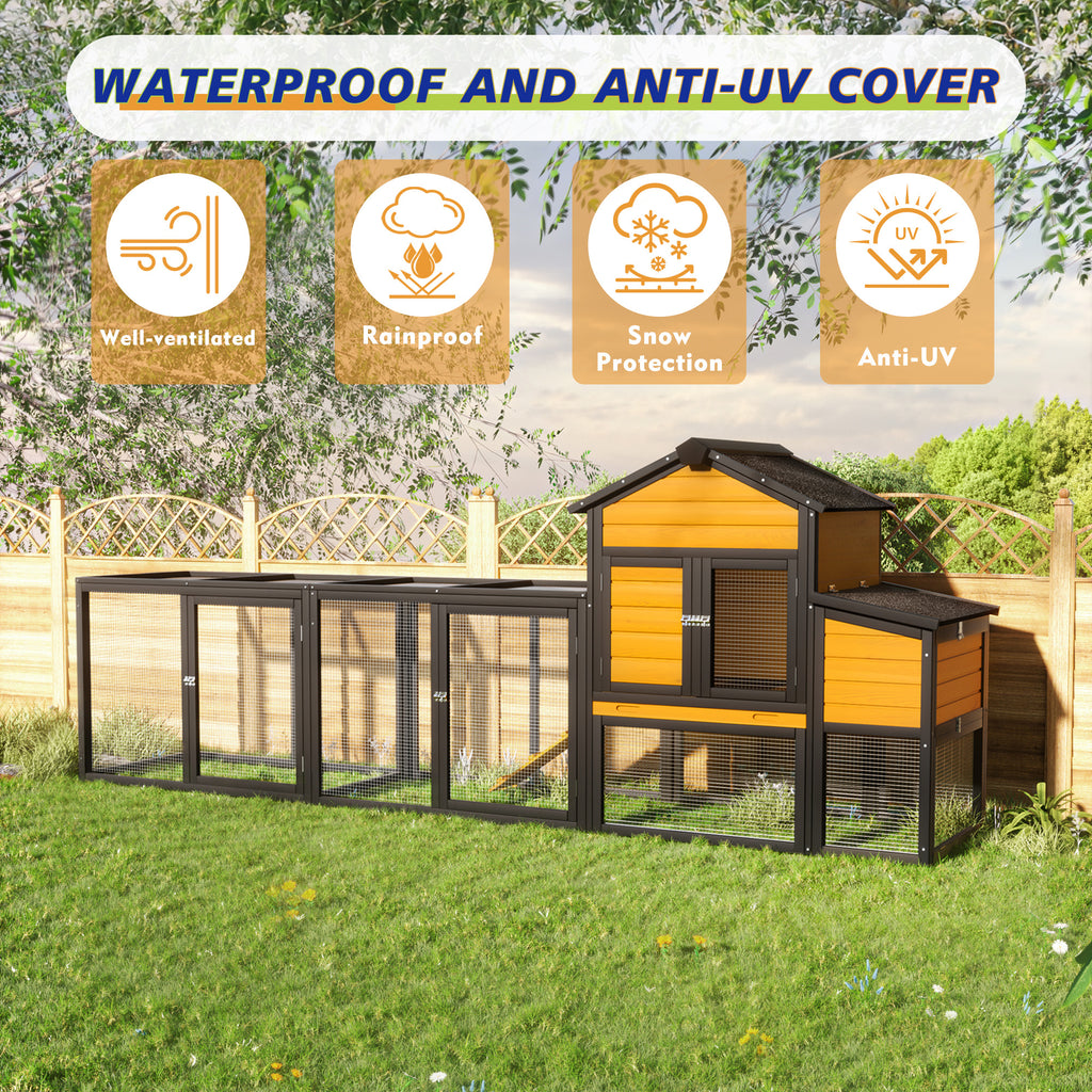 Outdoor Wooden Chicken Coop with Run, 7 Doors, Pull-Out Tray, Nesting Box & Ramp – Backyard Poultry House for 2 – 4 Chickens, Expandable Design