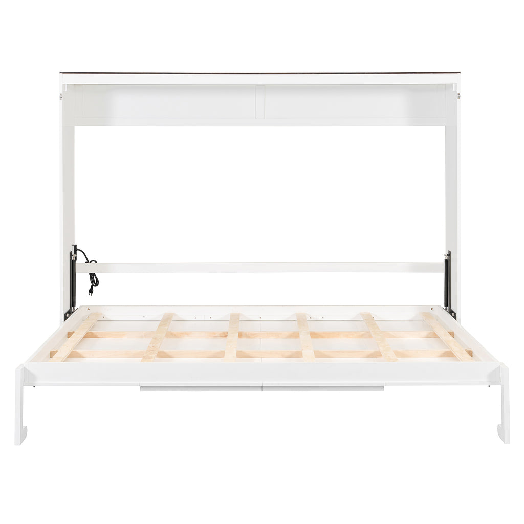 Queen Size Murphy Bed with USB ,Folding Storage Wall Bed Furniture for Bedroom,Office,Guest Room, White