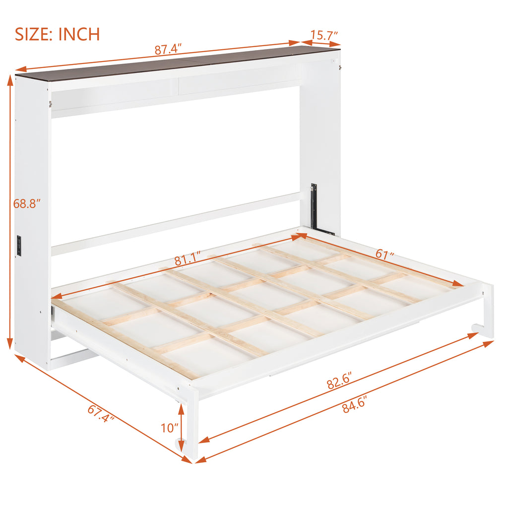 Queen Size Murphy Bed with USB ,Folding Storage Wall Bed Furniture for Bedroom,Office,Guest Room, White