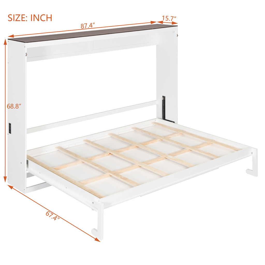 Queen Size Murphy Bed with USB ,Folding Storage Wall Bed Furniture for Bedroom,Office,Guest Room, White