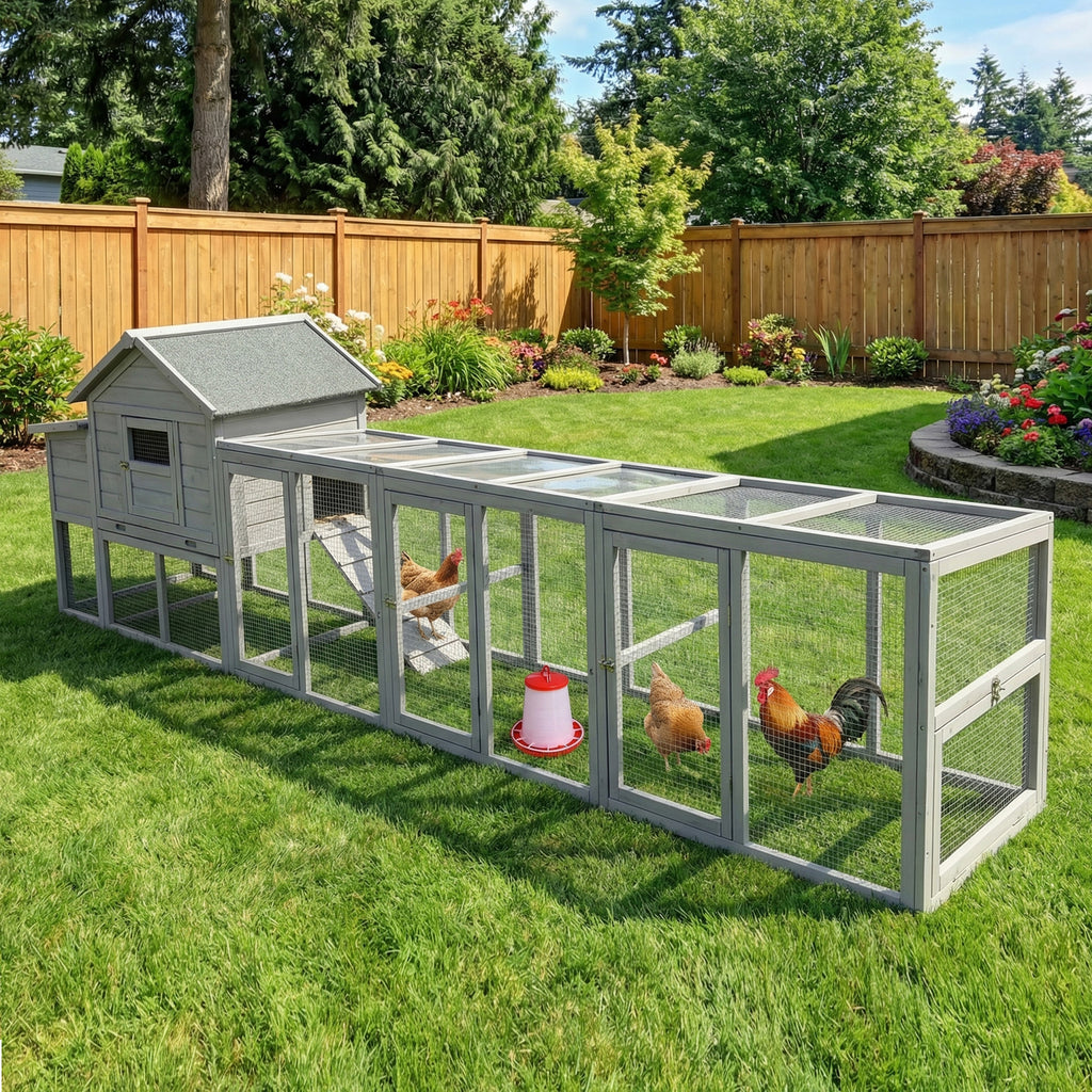 141＂Gray Large Wooden Chicken Coop,Outdoor Hen House with Nesting Box,Waterproof & Anti-UV Panel,Wire Fence, Poultry Cage