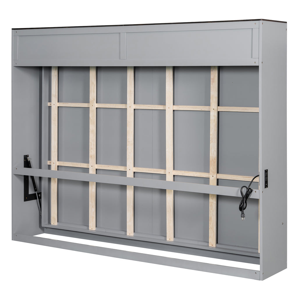Queen Size Murphy Bed with USB ,Folding Storage Wall Bed Furniture for Bedroom,Office,Guest Room, Gray