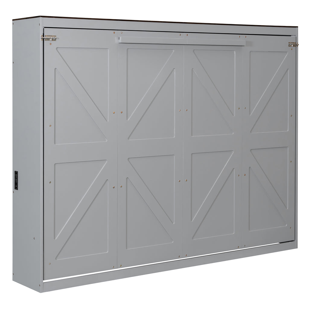 Queen Size Murphy Bed with USB ,Folding Storage Wall Bed Furniture for Bedroom,Office,Guest Room, Gray