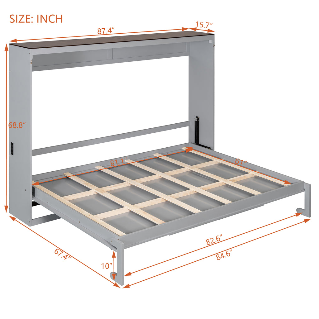 Queen Size Murphy Bed with USB ,Folding Storage Wall Bed Furniture for Bedroom,Office,Guest Room, Gray