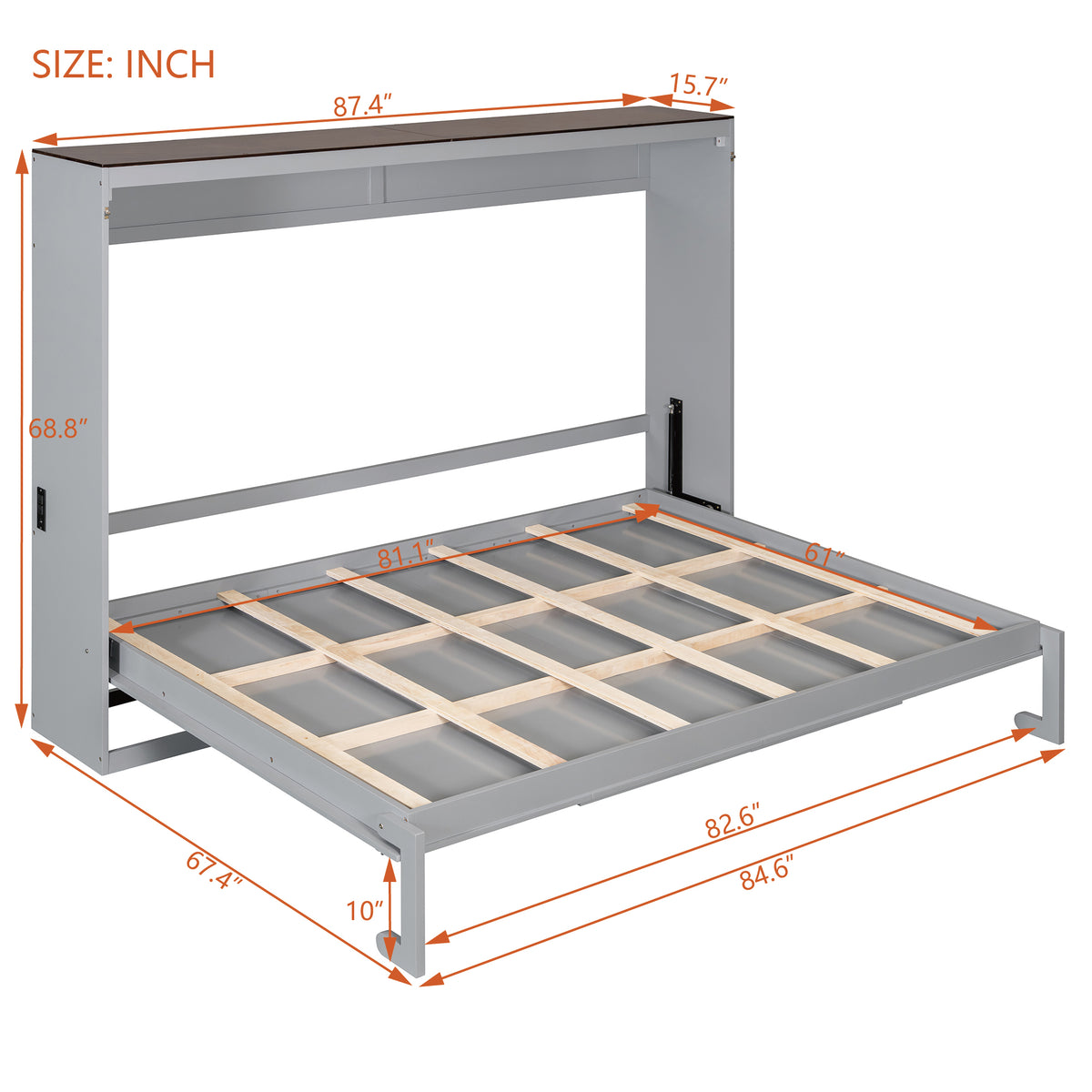 Queen Size Murphy Bed with USB ,Folding Storage Wall Bed Furniture for Bedroom,Office,Guest Room, Gray