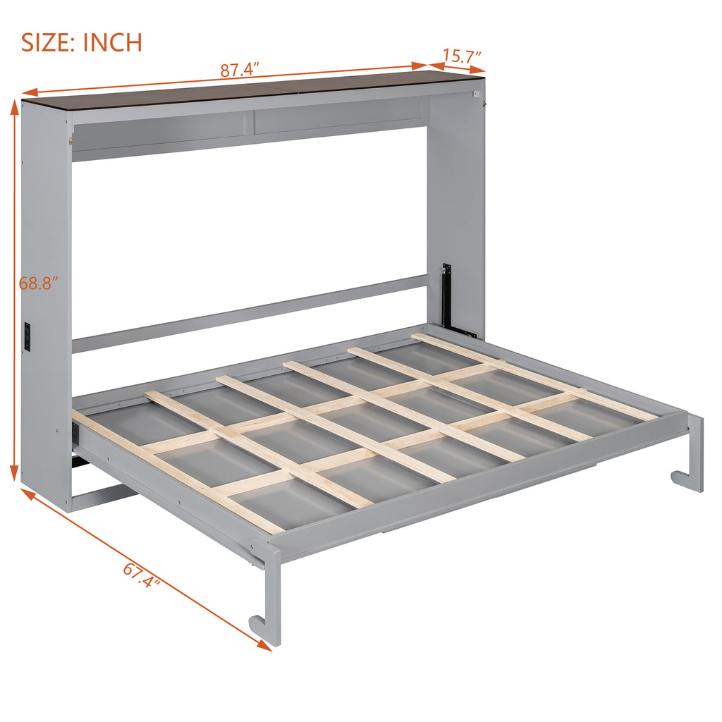 Queen Size Murphy Bed with USB ,Folding Storage Wall Bed Furniture for Bedroom,Office,Guest Room, Gray