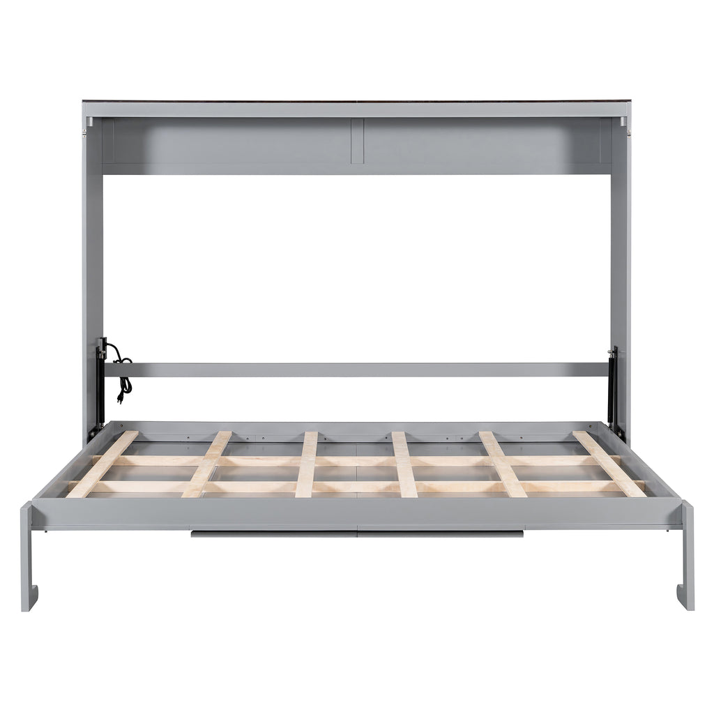 Queen Size Murphy Bed with USB ,Folding Storage Wall Bed Furniture for Bedroom,Office,Guest Room, Gray