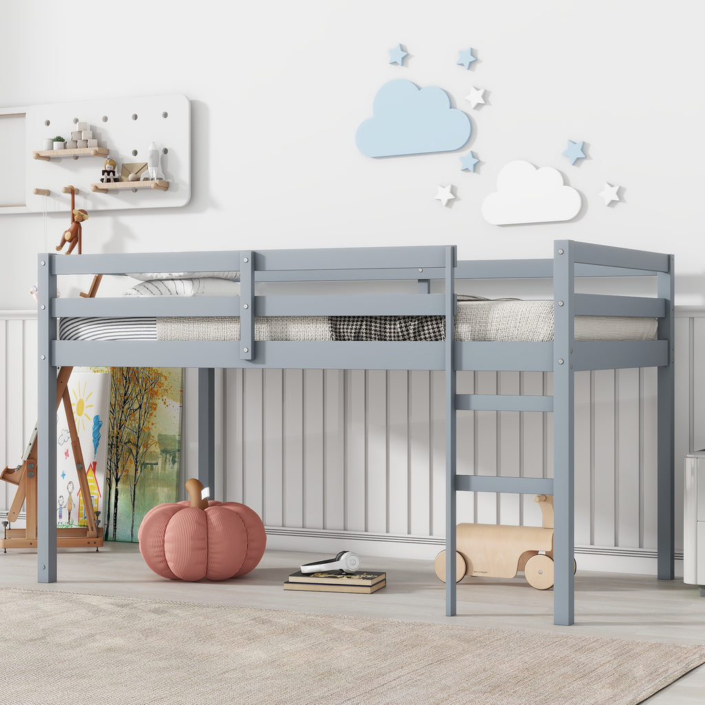 Twin Low Loft Bed Frame, Solid Wood Elevated Bed with Guardrail, Space Saving Loft Bed for Bedroom, Gray
