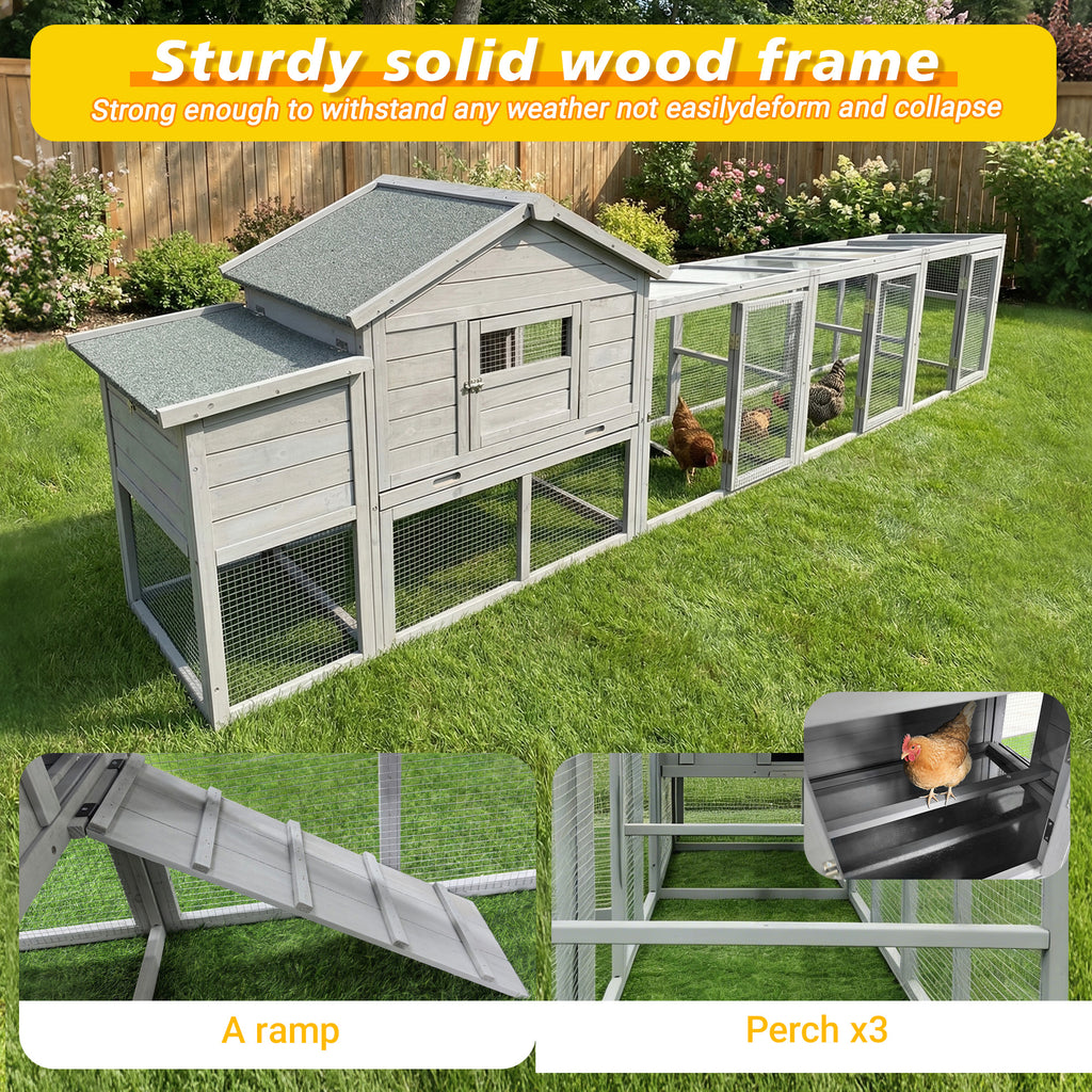 141＂Gray Large Wooden Chicken Coop,Outdoor Hen House with Nesting Box,Waterproof & Anti-UV Panel,Wire Fence, Poultry Cage