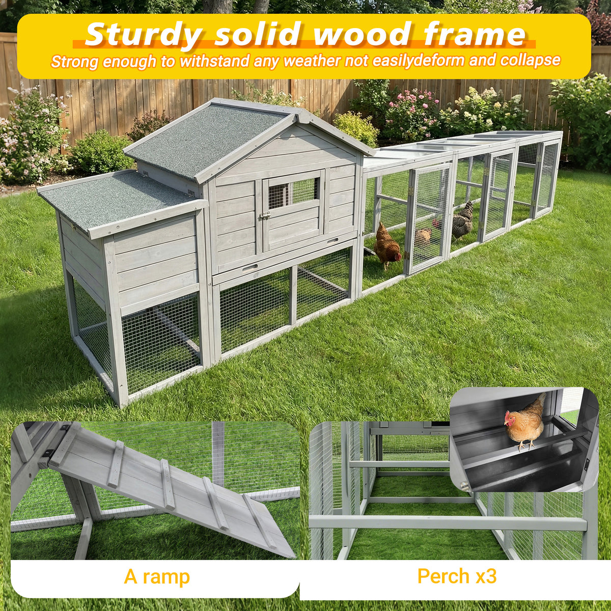 141＂Gray Large Wooden Chicken Coop,Outdoor Hen House with Nesting Box,Waterproof & Anti-UV Panel,Wire Fence, Poultry Cage