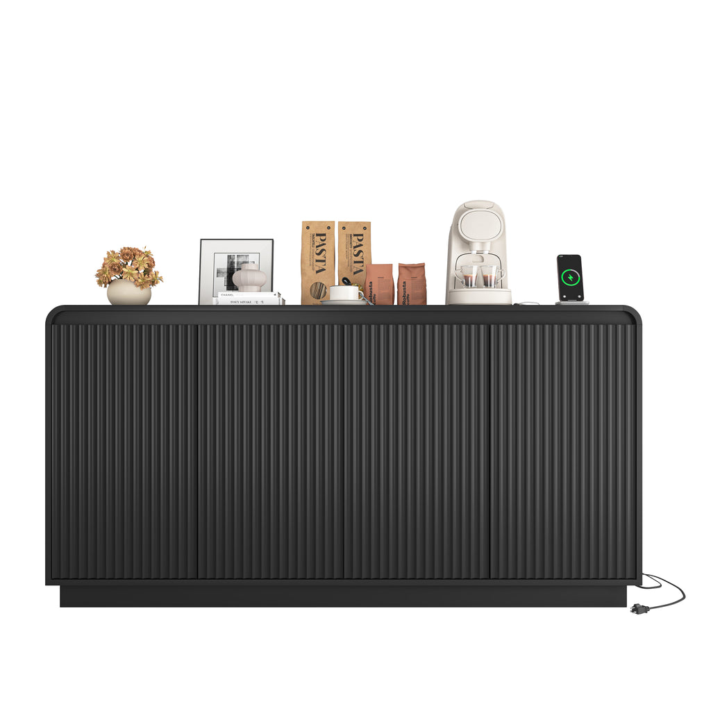 NYBOPAVIS Mid-Century Black TV Stand, Fluted 4-Door Media Console with Power Outlet, Handleless Wave Design Storage Cabinet for Living Room