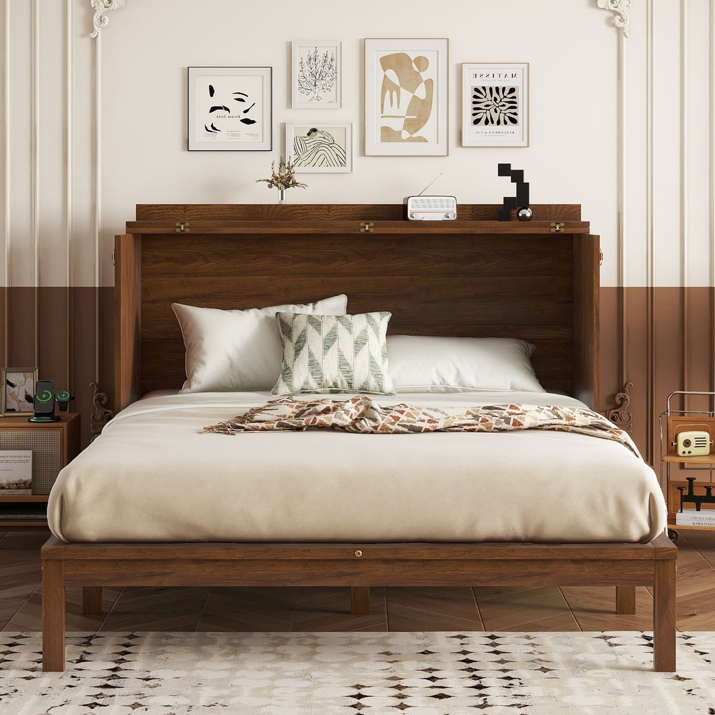 Queen Size Murphy Bed with Charging Station & 2 Storage Drawers, Folding Storage Wall Bed Furniture for Bedroom, Office, Guest Room, Walnut