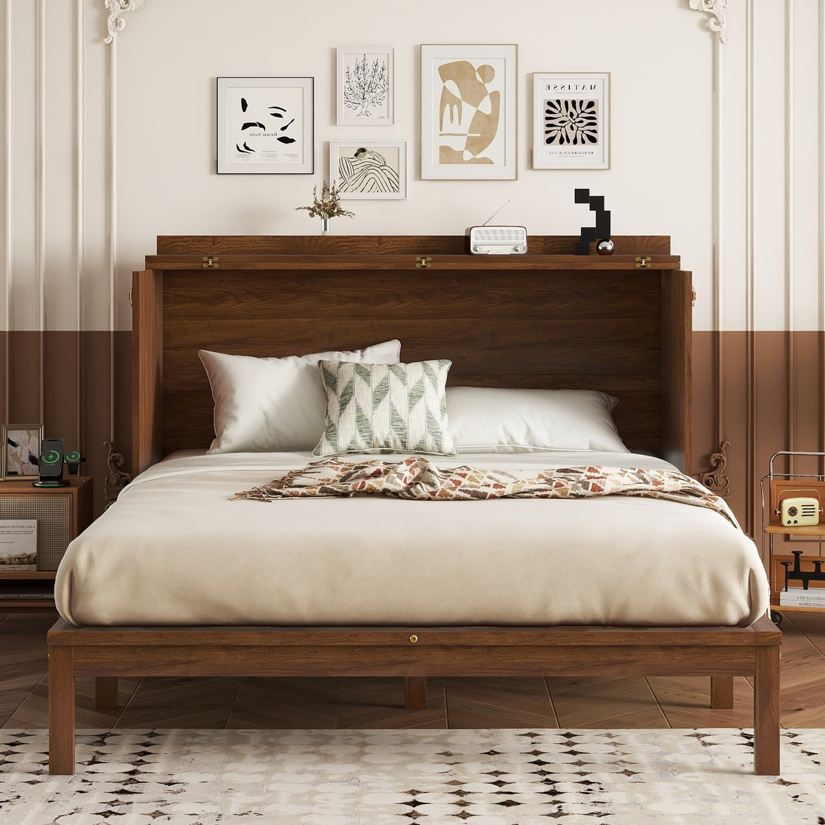 Queen Size Murphy Bed with Charging Station & 2 Storage Drawers, Folding Storage Wall Bed Furniture for Bedroom, Office, Guest Room, Walnut