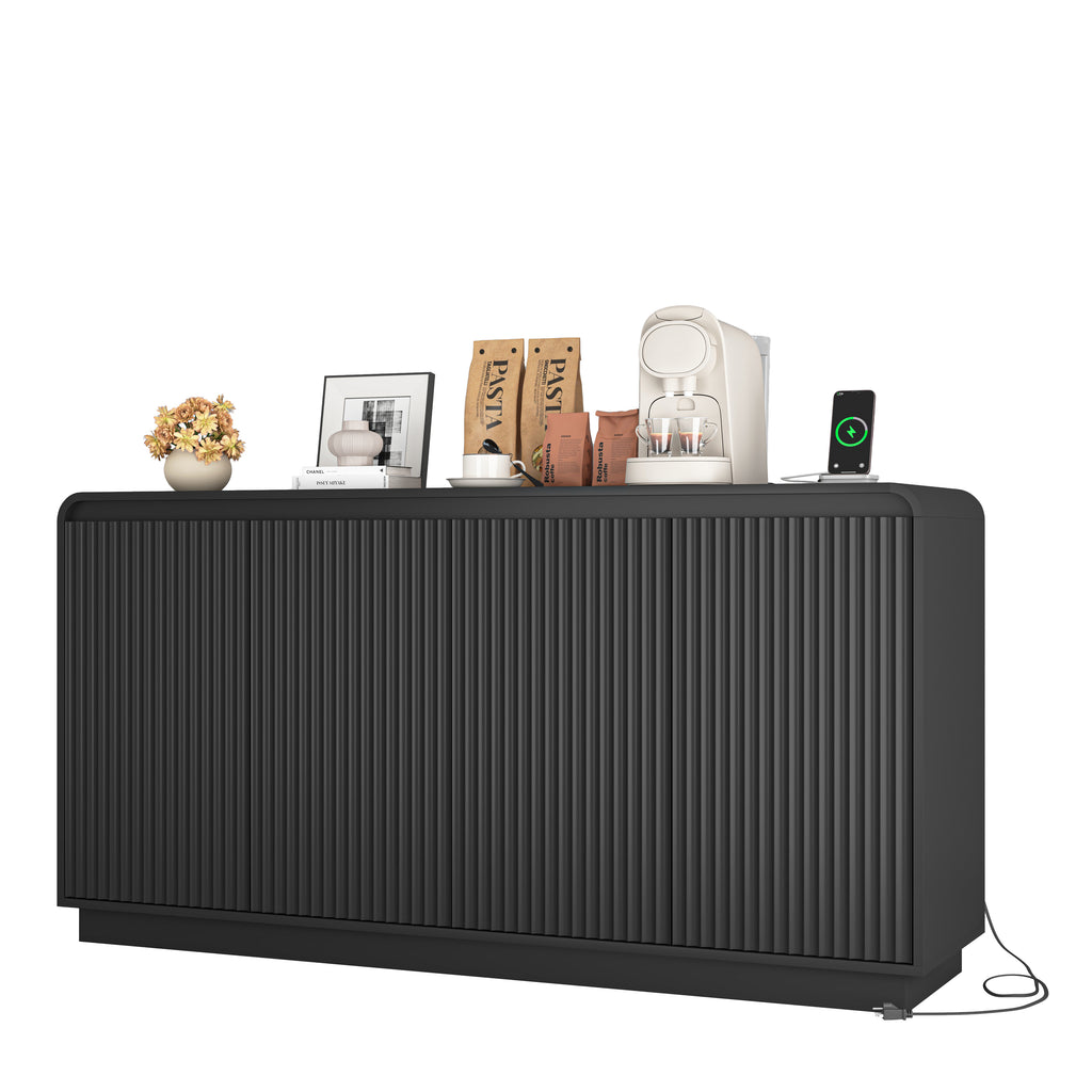 NYBOPAVIS Mid-Century Black TV Stand, Fluted 4-Door Media Console with Power Outlet, Handleless Wave Design Storage Cabinet for Living Room
