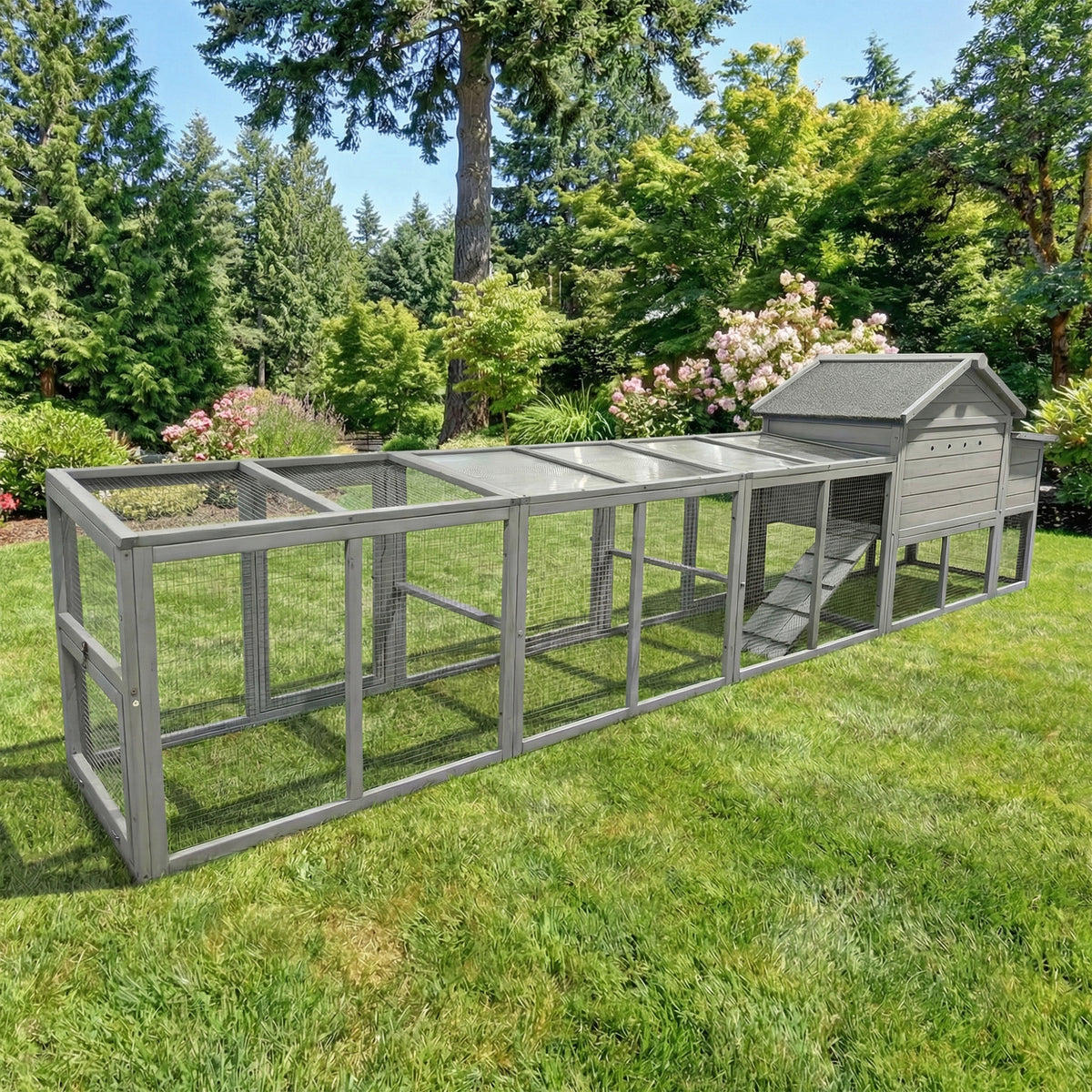 141＂Gray Large Wooden Chicken Coop,Outdoor Hen House with Nesting Box,Waterproof & Anti-UV Panel,Wire Fence, Poultry Cage