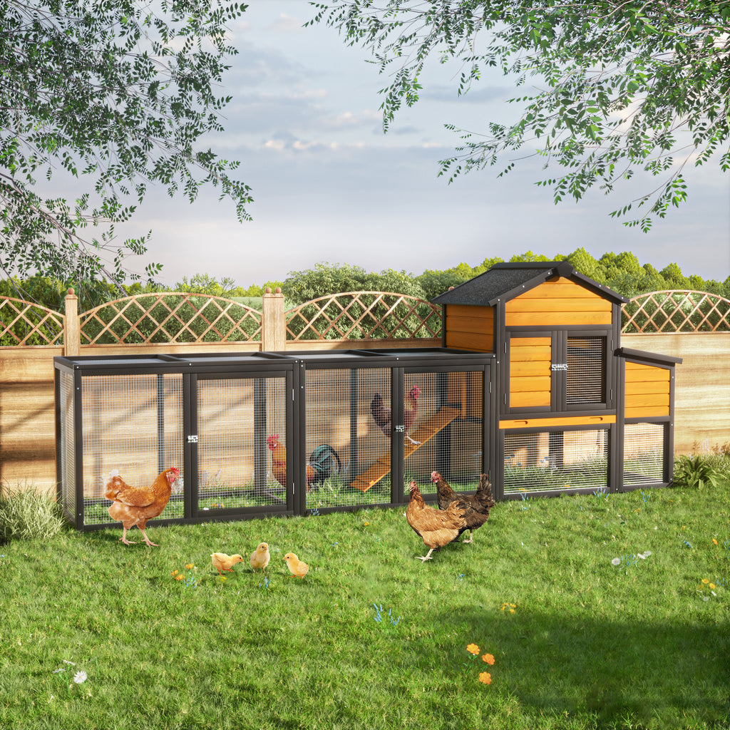 Outdoor Wooden Chicken Coop with Run, 7 Doors, Pull-Out Tray, Nesting Box & Ramp – Backyard Poultry House for 2 – 4 Chickens, Expandable Design