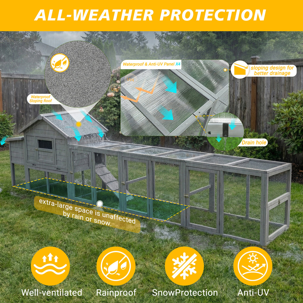 141＂Gray Large Wooden Chicken Coop,Outdoor Hen House with Nesting Box,Waterproof & Anti-UV Panel,Wire Fence, Poultry Cage
