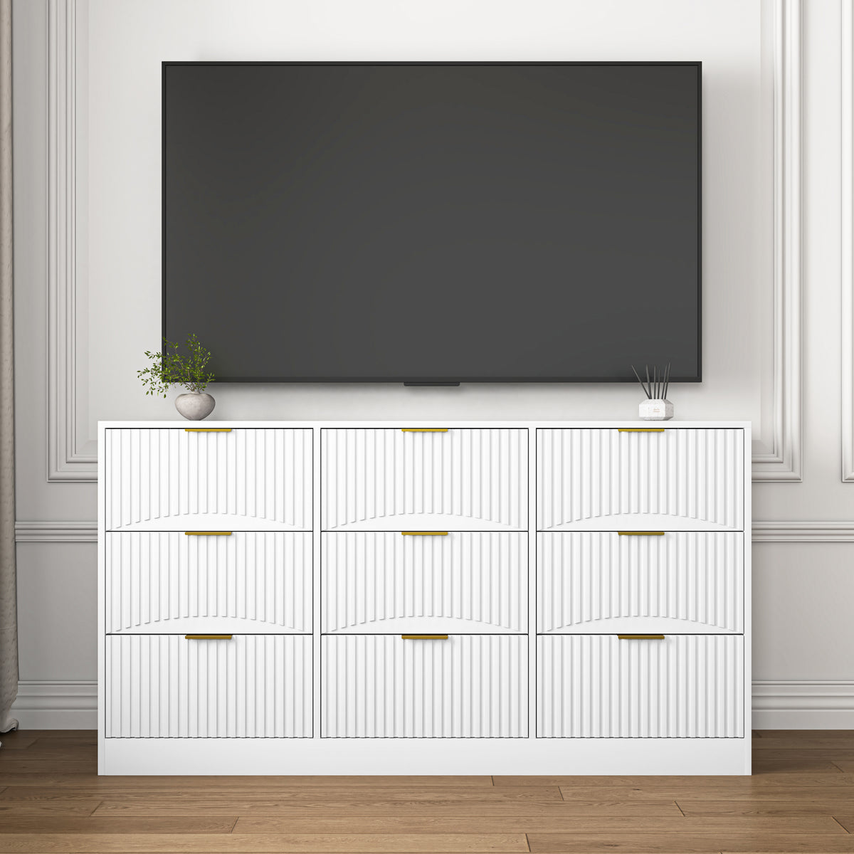 9 Drawer Dresser, 63" Large Deep Chest of Drawers, Wooden Dresser Storage Cabinet for Bedroom, Long Dressers for Living Room, Hallway, Drawer panel with wavy patterns,White