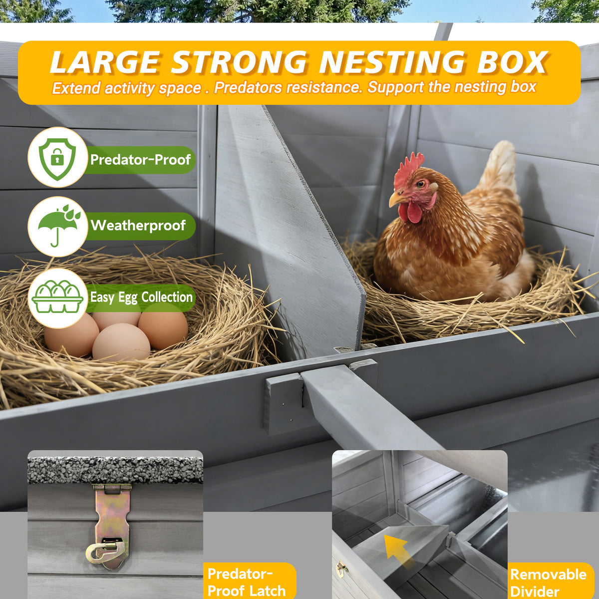 141＂Gray Large Wooden Chicken Coop,Outdoor Hen House with Nesting Box,Waterproof & Anti-UV Panel,Wire Fence, Poultry Cage
