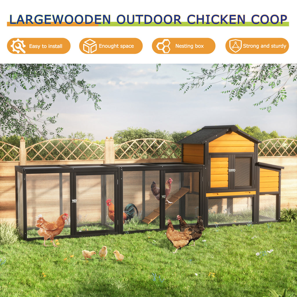 Outdoor Wooden Chicken Coop with Run, 7 Doors, Pull-Out Tray, Nesting Box & Ramp – Backyard Poultry House for 2 – 4 Chickens, Expandable Design