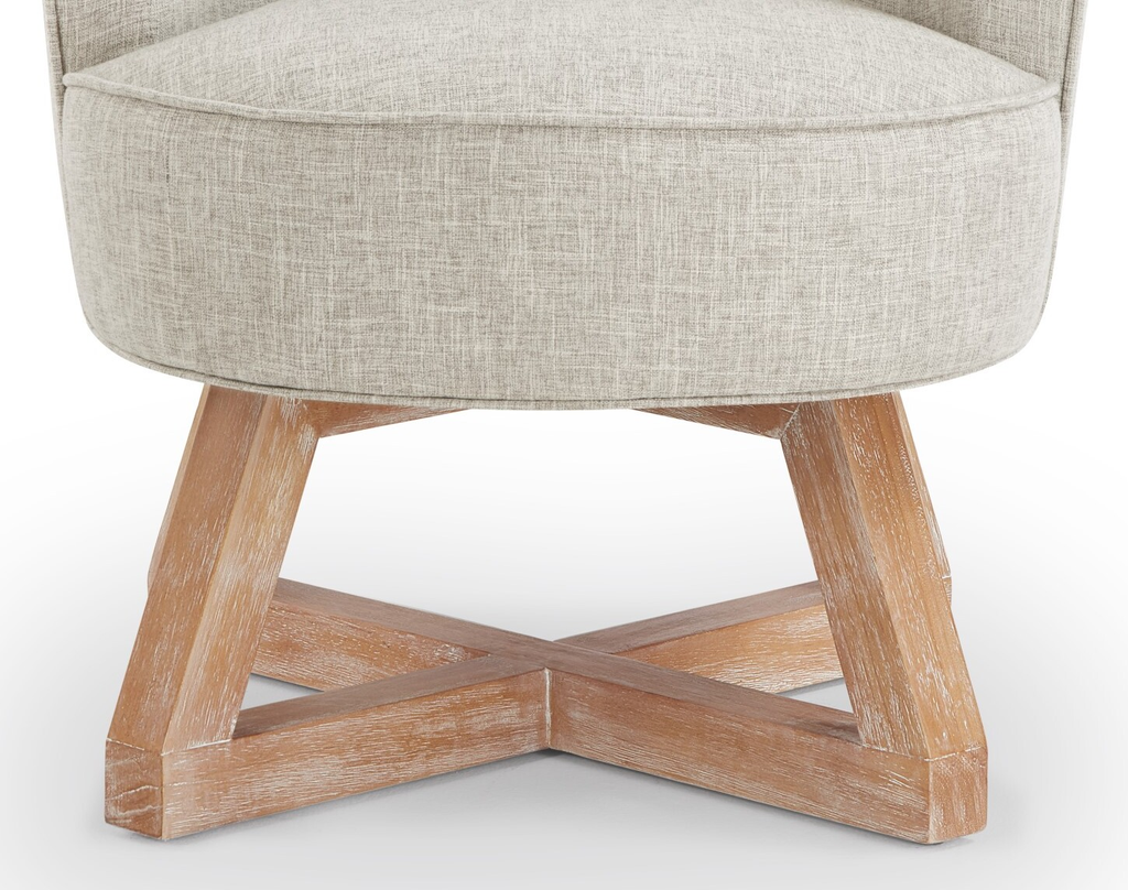 360° Swivel Accent Chair, Barrel Chair with Solid Wood Base, Linen Fabric Armchair, Light Gray