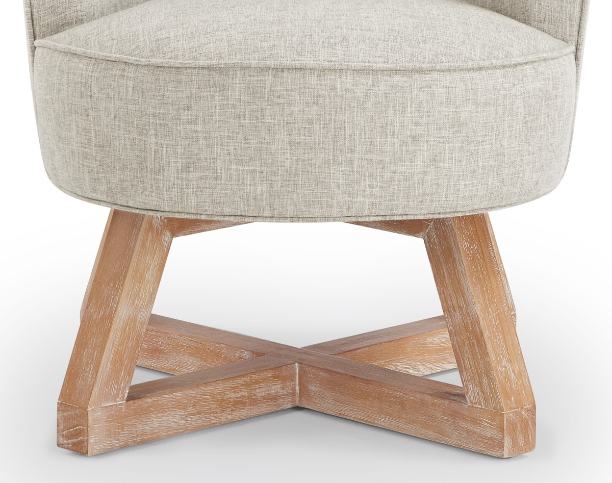 360° Swivel Accent Chair, Barrel Chair with Solid Wood Base, Linen Fabric Armchair, Light Gray