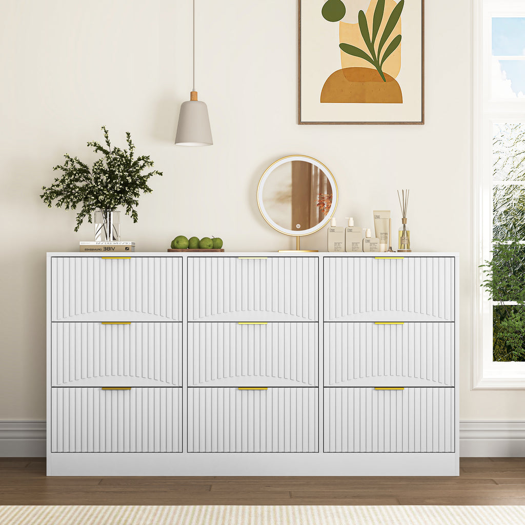 9 Drawer Dresser, 63" Large Deep Chest of Drawers, Wooden Dresser Storage Cabinet for Bedroom, Long Dressers for Living Room, Hallway, Drawer panel with wavy patterns,White