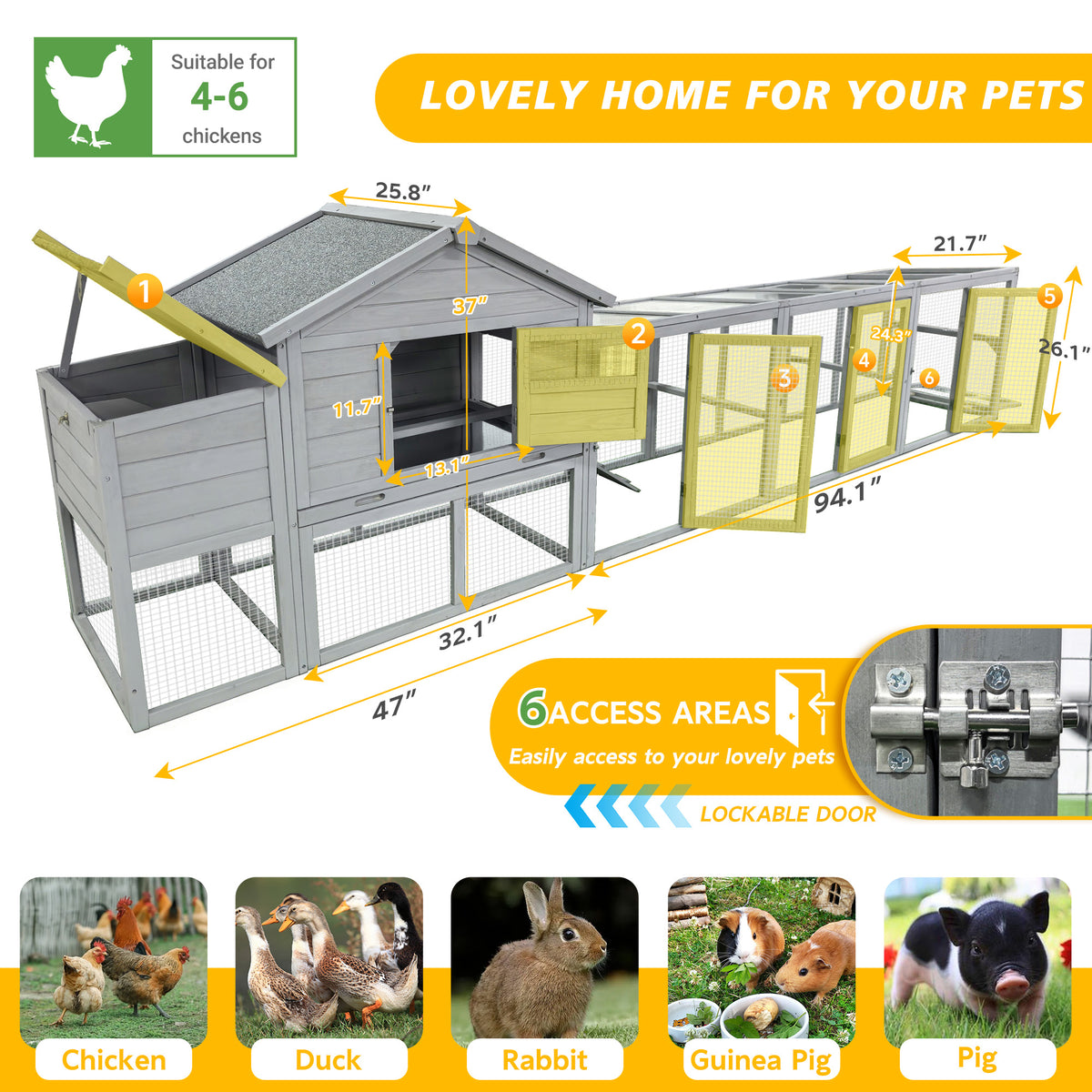141＂Gray Large Wooden Chicken Coop,Outdoor Hen House with Nesting Box,Waterproof & Anti-UV Panel,Wire Fence, Poultry Cage