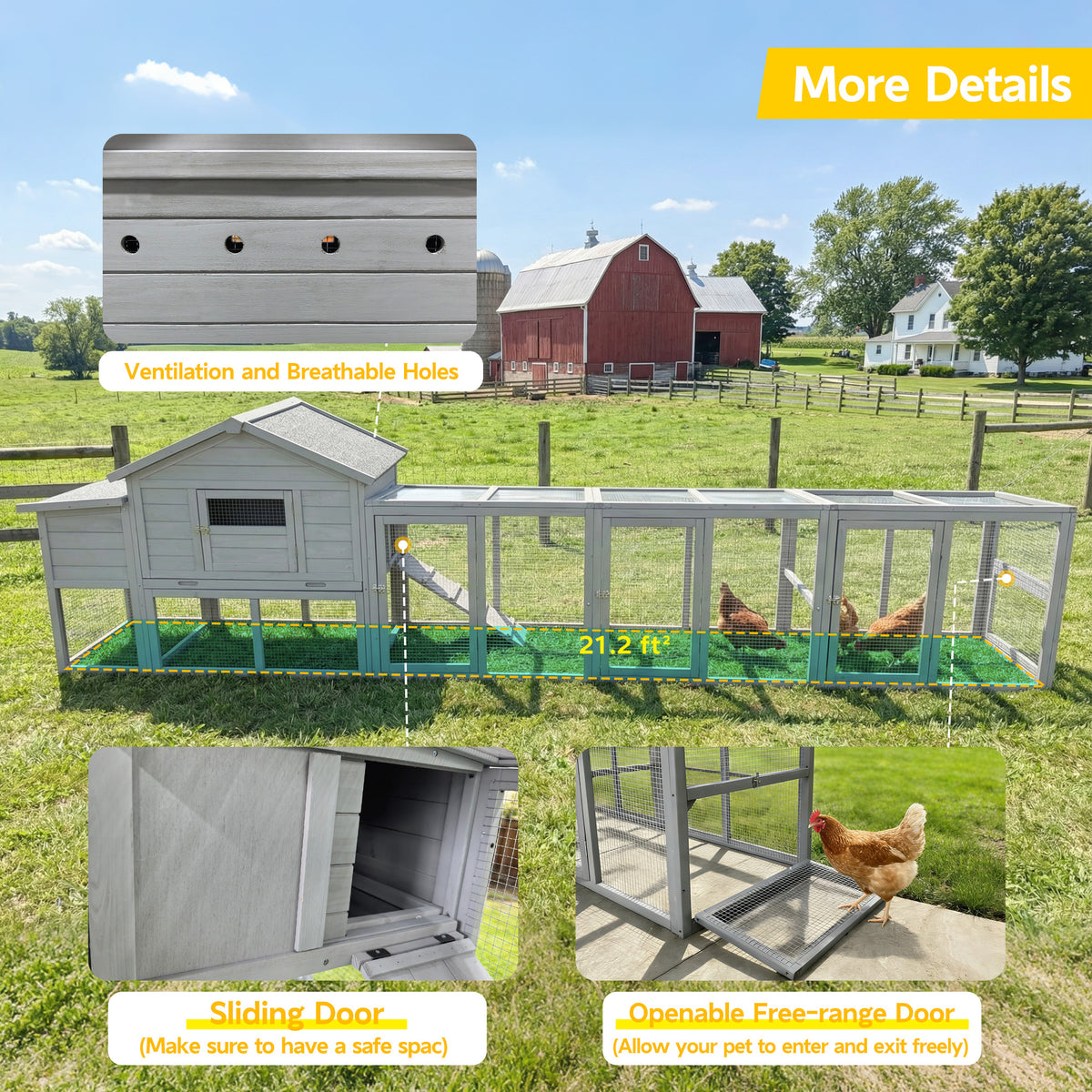 141＂Gray Large Wooden Chicken Coop,Outdoor Hen House with Nesting Box,Waterproof & Anti-UV Panel,Wire Fence, Poultry Cage