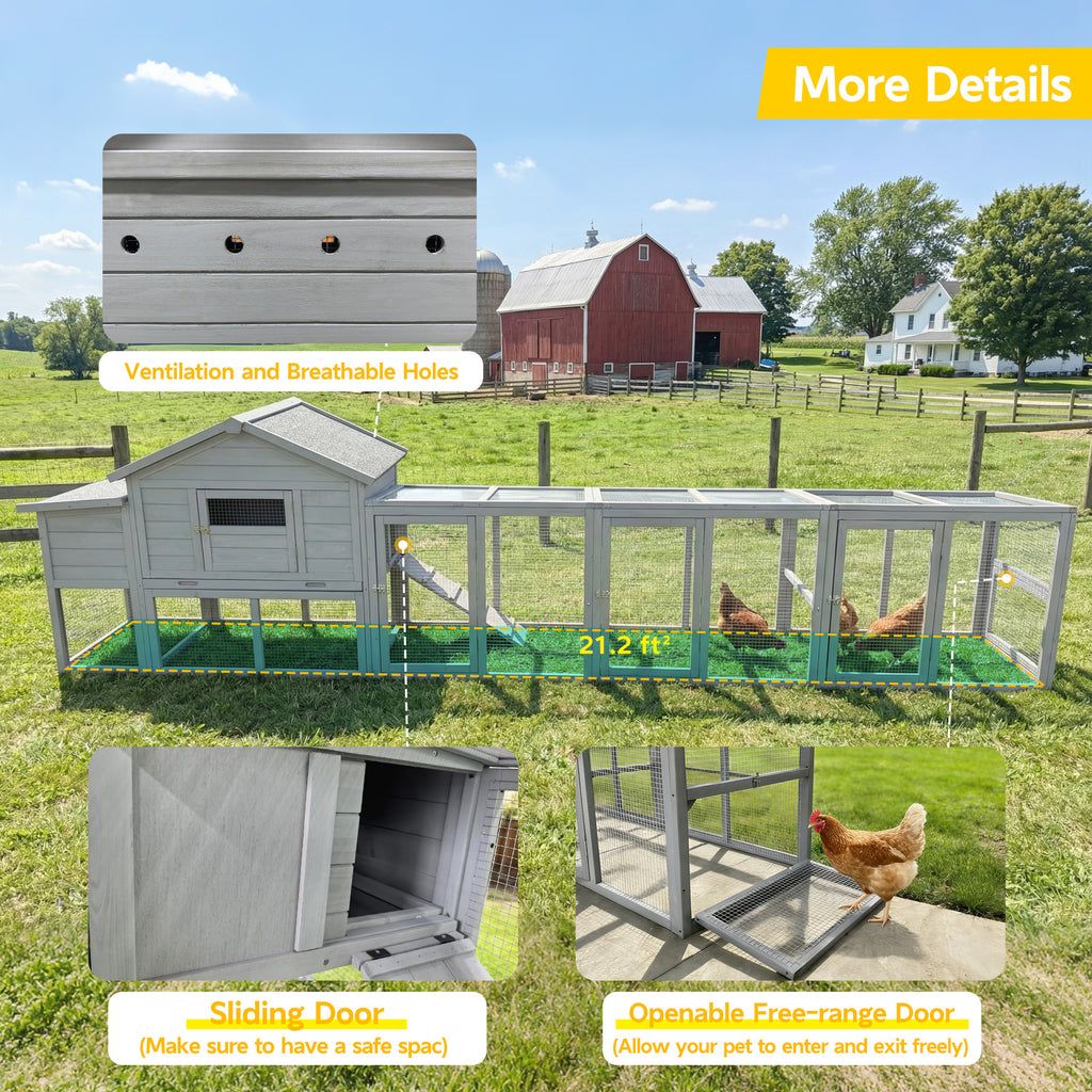 141＂Gray Large Wooden Chicken Coop,Outdoor Hen House with Nesting Box,Waterproof & Anti-UV Panel,Wire Fence, Poultry Cage