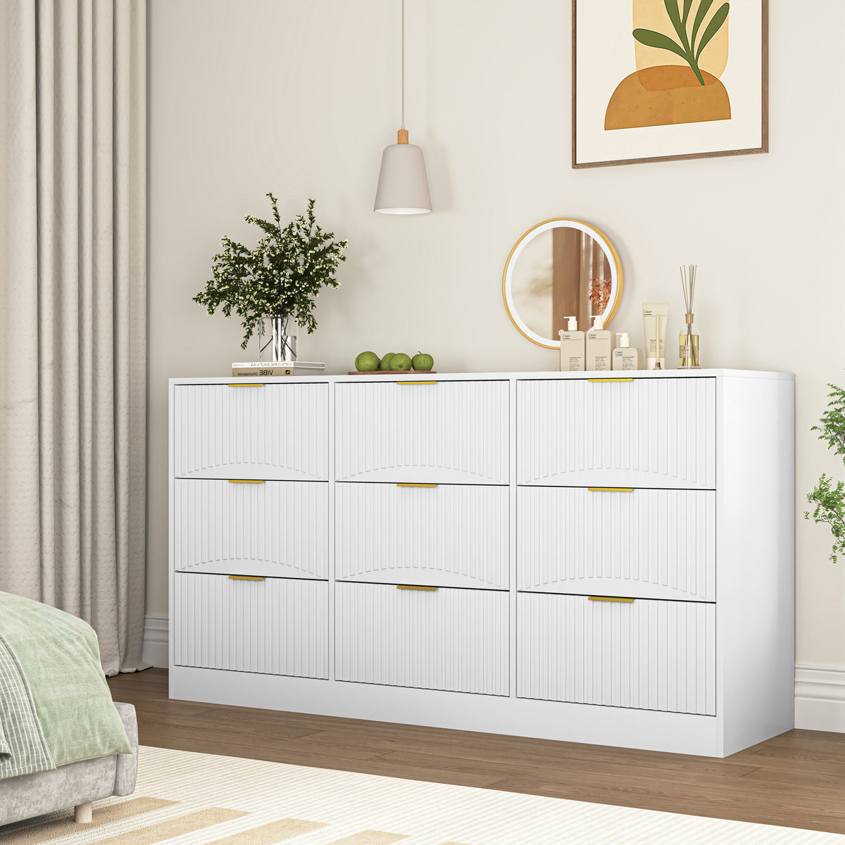 9 Drawer Dresser, 63" Large Deep Chest of Drawers, Wooden Dresser Storage Cabinet for Bedroom, Long Dressers for Living Room, Hallway, Drawer panel with wavy patterns,White