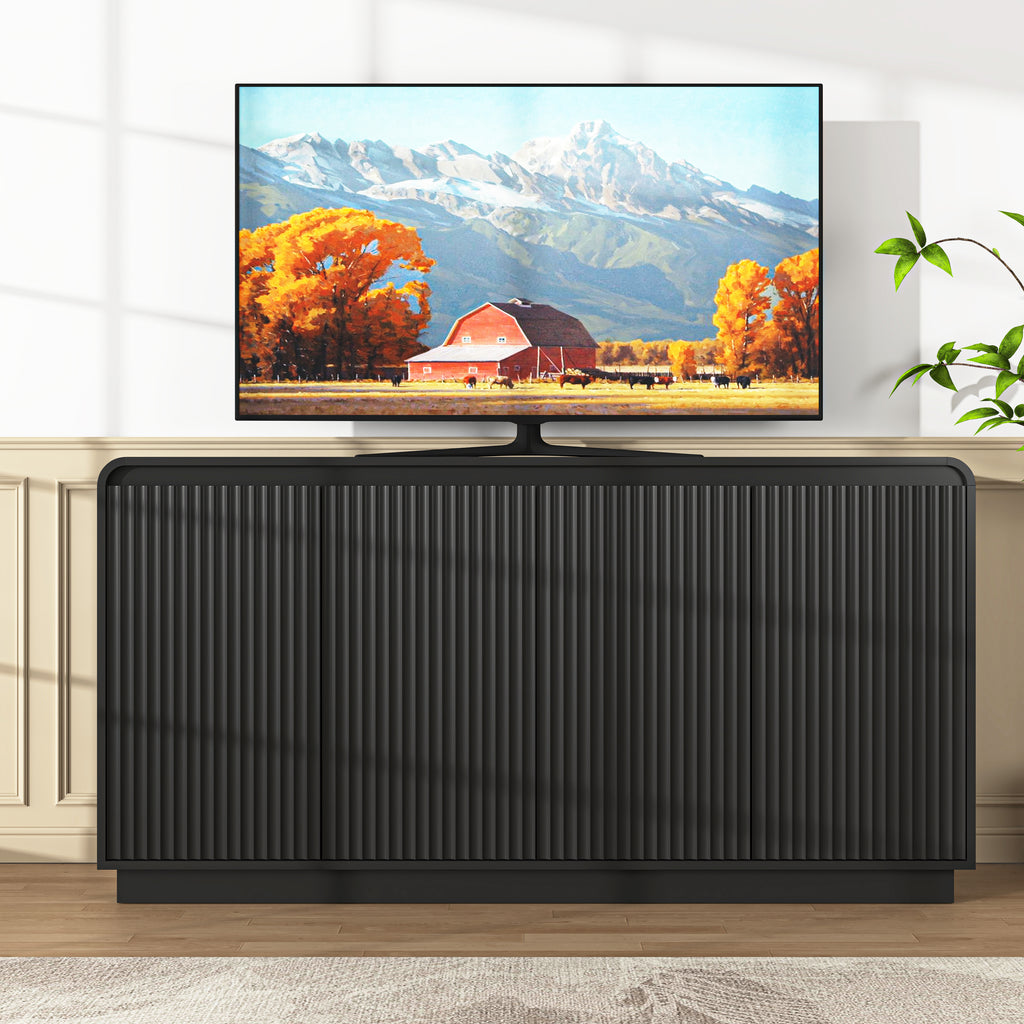 NYBOPAVIS Mid-Century Black TV Stand, Fluted 4-Door Media Console with Power Outlet, Handleless Wave Design Storage Cabinet for Living Room